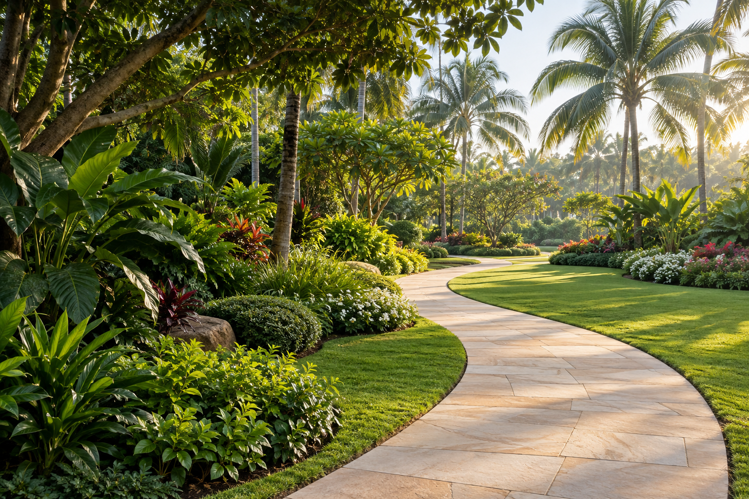 Beautifully landscaped garden with sculpted greenery and a garden path